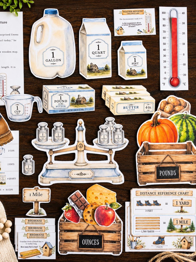 May include: A collection of educational paper cutouts featuring a gallon jug, quart and pint cartons, a thermometer, measuring cup, butter sticks, a balance scale with weights, a pumpkin, watermelon, and crates labeled with pounds and ounces.