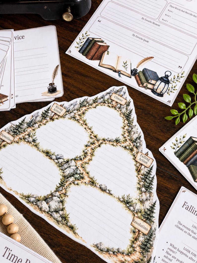 May include: A paper story plot diagram featuring a mountain path illustration with labeled sections for Exposition, Rising Action, Climax, Falling Action, and Resolution. The design includes rocky terrain, pine trees, and lined writing spaces.