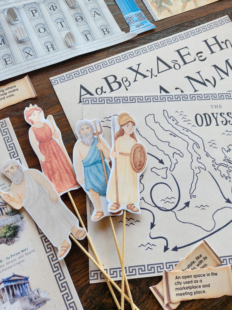 May include: A collection of educational materials featuring Greek mythology and history. Includes paper cutouts of figures, a map of The Odyssey, and architectural elements. The materials are designed for learning and play.