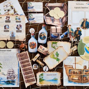 May include: A collection of pirate-themed paper goods, including a treasure map, game cards, and a wooden treasure chest. The items are arranged on a wooden surface with a fishnet overlay, evoking a sense of adventure and storytelling.