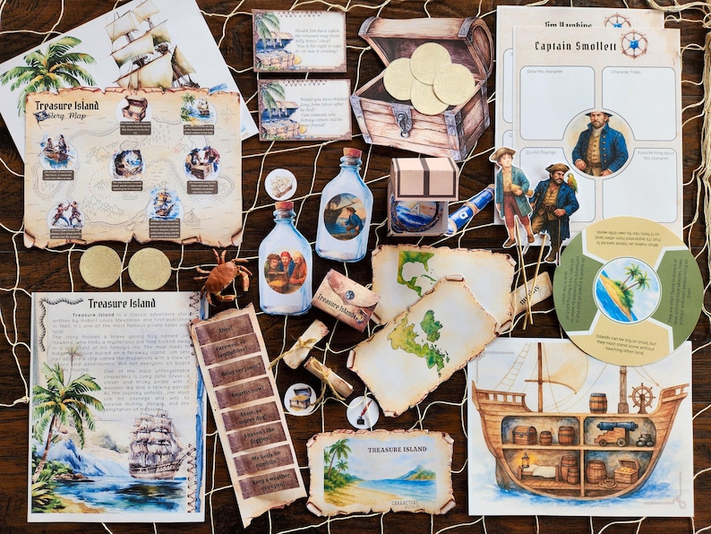 May include: A collection of pirate-themed paper goods, including a treasure map, game cards, and a wooden treasure chest. The items are arranged on a wooden surface with a fishnet overlay, evoking a sense of adventure and storytelling.