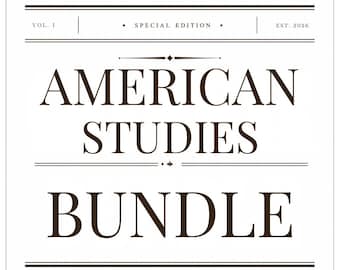 Puede incluir: Un diseño gráfico cuadrado con texto marrón oscuro sobre un fondo blanco. El texto dice VOL. I, SPECIAL EDITION, EST. 2026, AMERICAN STUDIES y BUNDLE. El diseño incluye líneas horizontales y elementos decorativos alrededor del texto.