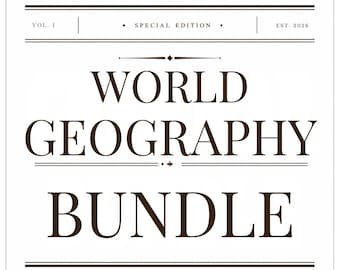 May include: A square graphic design featuring dark brown text on a white background. The text reads VOL. I, SPECIAL EDITION, EST. 2026, WORLD GEOGRAPHY BUNDLE. The design includes horizontal lines and decorative elements above and below the main title.