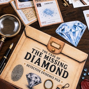 May include: A detective evidence file folder titled The Case of the Missing Diamond, featuring a fingerprint, diamond illustration, and magnifying glass. Includes evidence cards, a brass key, a fountain pen, and blue gems on a dark surface.