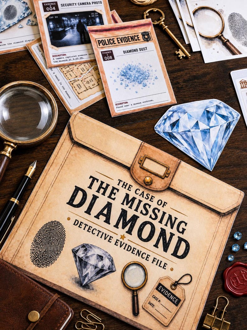 May include: A detective evidence file folder titled The Case of the Missing Diamond, featuring a fingerprint, diamond illustration, and magnifying glass. Includes evidence cards, a brass key, a fountain pen, and blue gems on a dark surface.