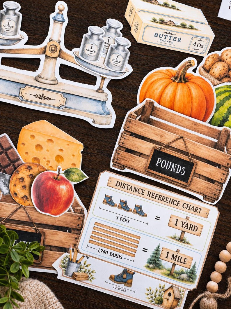 May include: A collection of die-cut stickers featuring a vintage balance scale with one-ounce weights, a box of salted butter, a pumpkin, a wooden crate labeled POUNDS, cheese, a chocolate bar, a cookie, an apple, and a distance reference chart.