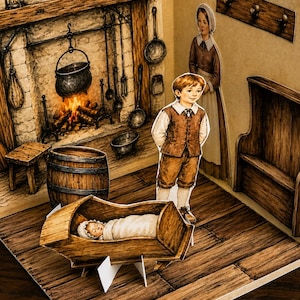 May include: A three-dimensional pop-up paper diorama depicting a rustic interior scene with a stone fireplace, a wooden barrel, a wooden cradle containing a sleeping infant, and two paper cut-out figures of a child and an adult in period clothing.