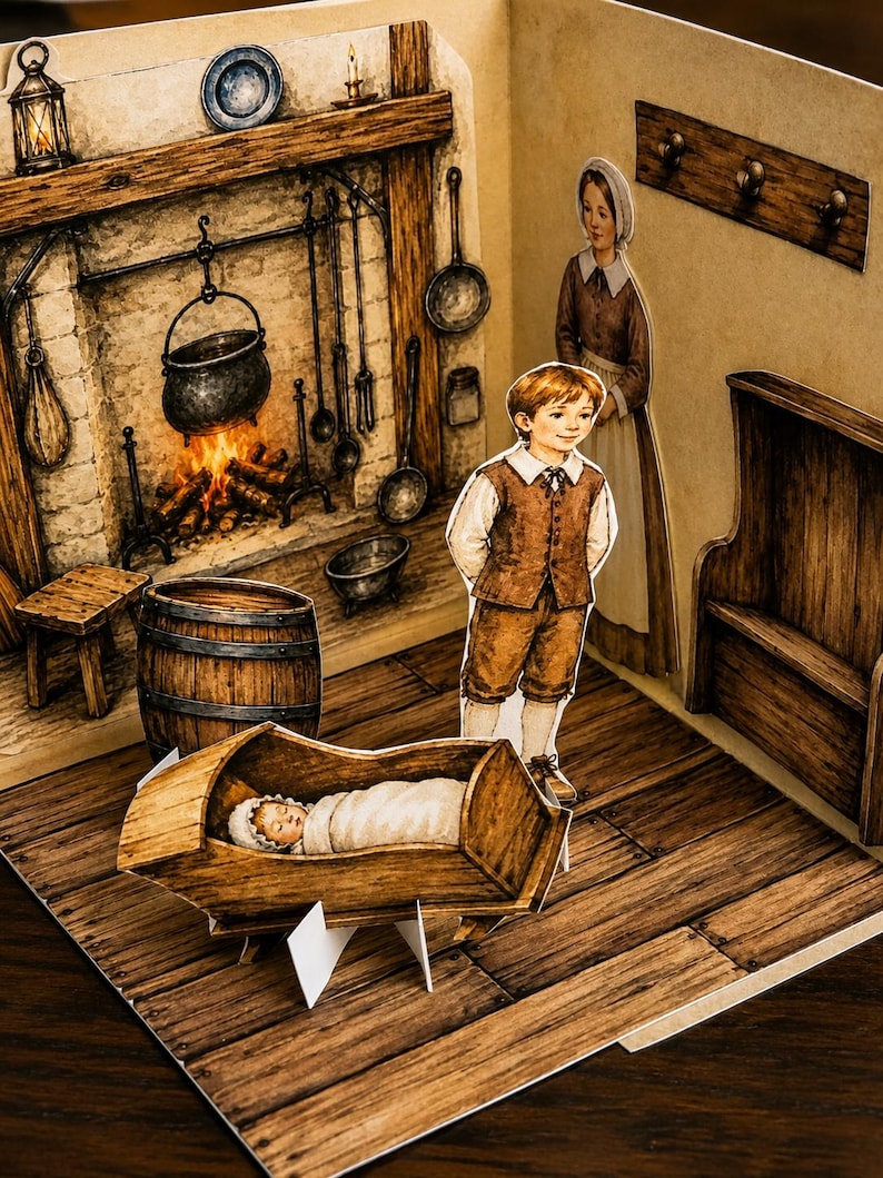 May include: A three-dimensional pop-up paper diorama depicting a rustic interior scene with a stone fireplace, a wooden barrel, a wooden cradle containing a sleeping infant, and two paper cut-out figures of a child and an adult in period clothing.