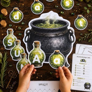 May include: A large black cauldron illustration surrounded by small potion bottle cutouts, each featuring a white letter. A potion recipe card with the text Potion Recipe and a Spell It game board with empty circles are included in this educational set.
