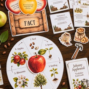May include: An educational Johnny Appleseed activity set featuring a circular life cycle chart, a wooden crate sign with the text FACT, challenge cards, a vocabulary field guide, and paper cutouts of apples, a hammer, and a sack of seeds.