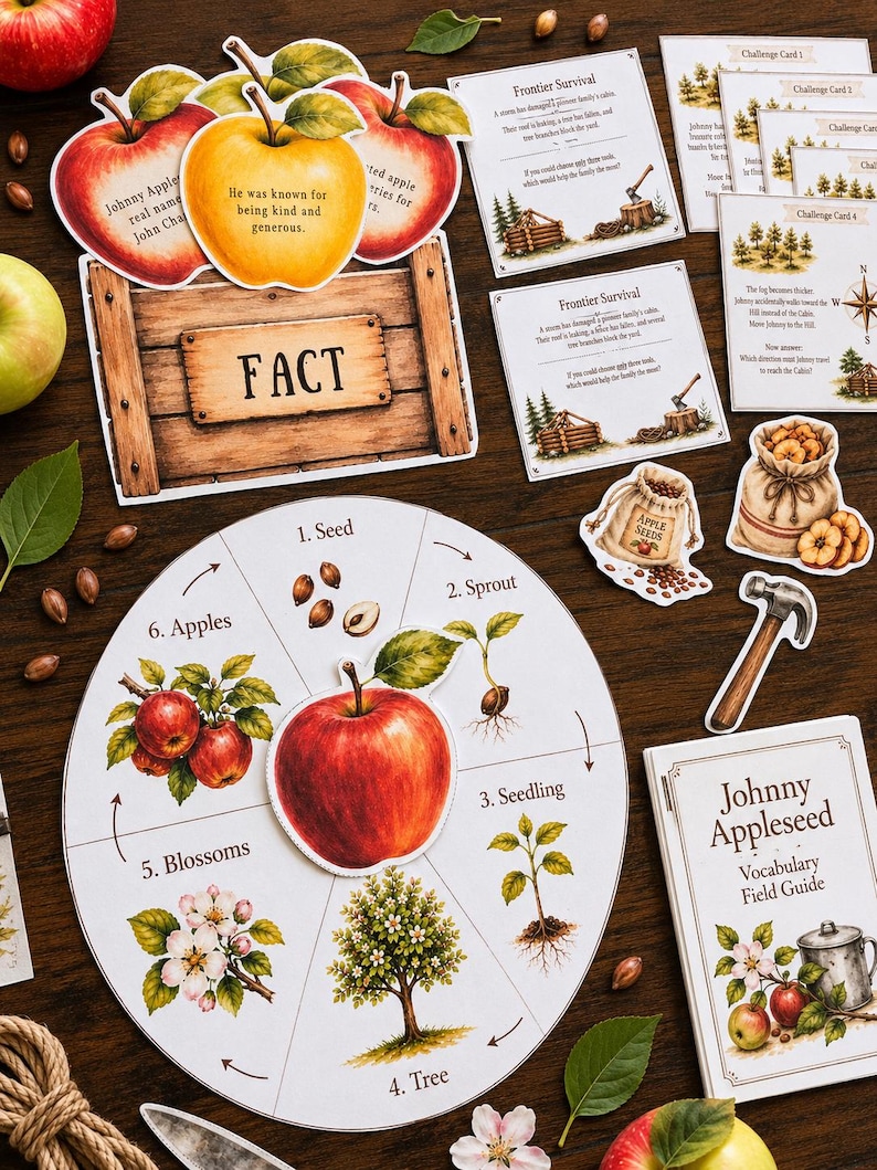 May include: An educational Johnny Appleseed activity set featuring a circular life cycle chart, a wooden crate sign with the text FACT, challenge cards, a vocabulary field guide, and paper cutouts of apples, a hammer, and a sack of seeds.