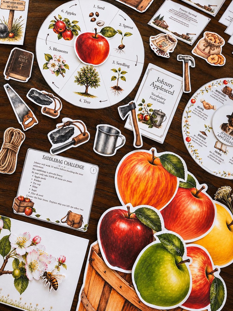 May include: A collection of educational paper cutouts featuring a life cycle wheel of an apple, Johnny Appleseed vocabulary cards, a saddlebag challenge card, and various illustrations of apples, tools, a rope, a bible, and a bee on a branch.