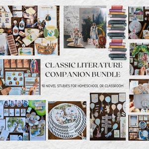 May include: A collection of classic literature-themed items, including paper cutouts of characters, books, and decorative plates. The text "CLASSIC LITERATURE COMPANION BUNDLE" is displayed, along with "10 NOVEL STUDIES FOR HOMESCHOOL OR CLASSROOM".