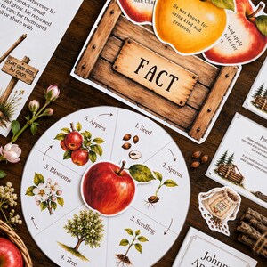 May include: A circular educational chart illustrating the apple life cycle with six stages, surrounded by cutouts including a wooden sign labeled FACT, apple-shaped cards with text, a Johnny Appleseed vocabulary guide, and a small sack of seeds.