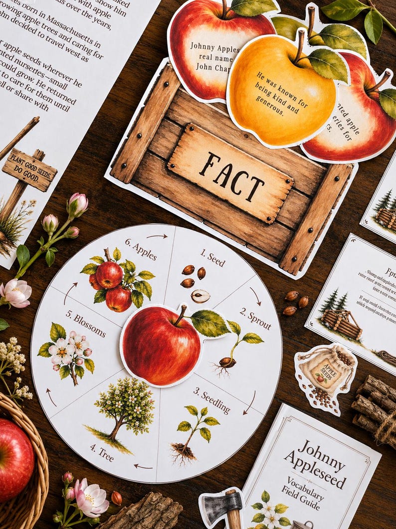 May include: A circular educational chart illustrating the apple life cycle with six stages, surrounded by cutouts including a wooden sign labeled FACT, apple-shaped cards with text, a Johnny Appleseed vocabulary guide, and a small sack of seeds.