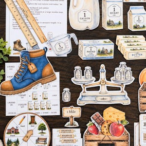 Puede incluir: Una colección de recortes educativos de papel que incluye una bota azul, una jarra de un galón, cartones de leche, barras de mantequilla, una taza medidora, una balanza con pesas, una caja de madera con comida y reglas marcadas en pulgadas.