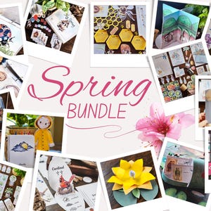 May include: A collage of spring-themed items, including illustrations, cards, and decorative elements. The central text reads "Spring Bundle" in pink script. Various images feature insects, flowers, and nature-inspired designs, creating a cohesive seasonal theme.