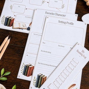 May include: A set of printed reading journal pages featuring a Character Growth Timeline, Favorite Character, Setting Profile, and My Reading Log. The white paper sheets include brown text, lined writing sections, and illustrations of books, quills, and inkwells.
