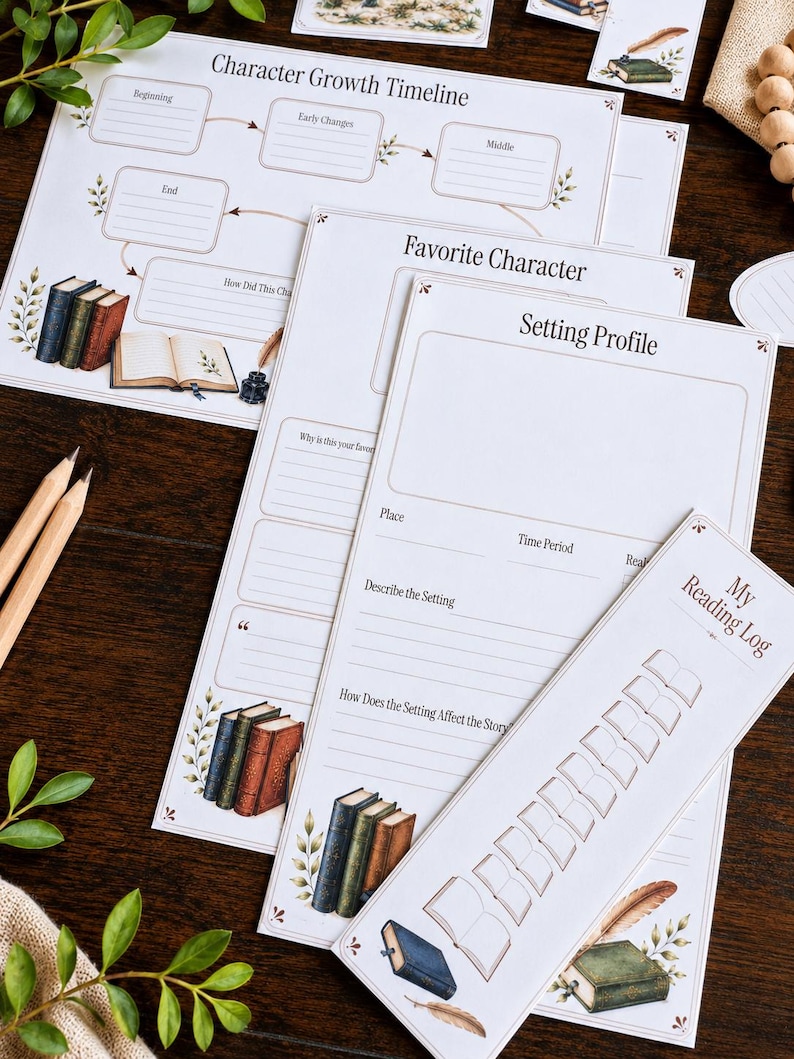 May include: A set of printed reading journal pages featuring a Character Growth Timeline, Favorite Character, Setting Profile, and My Reading Log. The white paper sheets include brown text, lined writing sections, and illustrations of books, quills, and inkwells.