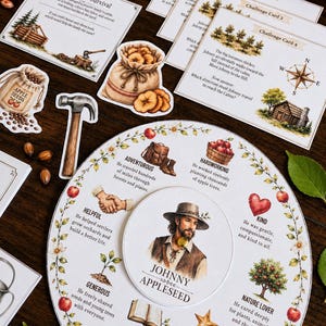 May include: A circular educational game board featuring a central illustration of Johnny Appleseed surrounded by character traits, accompanied by rectangular challenge cards, die-cut paper shapes of a hammer, apple seeds, and dried apple slices.