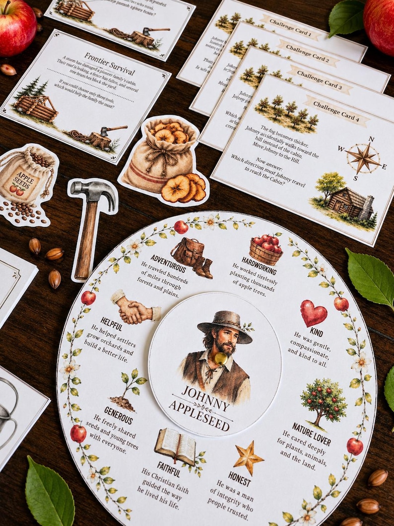 May include: A circular educational game board featuring a central illustration of Johnny Appleseed surrounded by character traits, accompanied by rectangular challenge cards, die-cut paper shapes of a hammer, apple seeds, and dried apple slices.