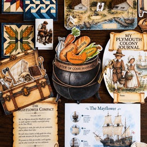May include: A collection of educational paper cutouts featuring a black cauldron labeled Stew of Good Manners, a Mayflower ship diagram, a My Plymouth Colony Journal, a Mayflower Compact scroll, quilt patterns, and various historical illustrations.