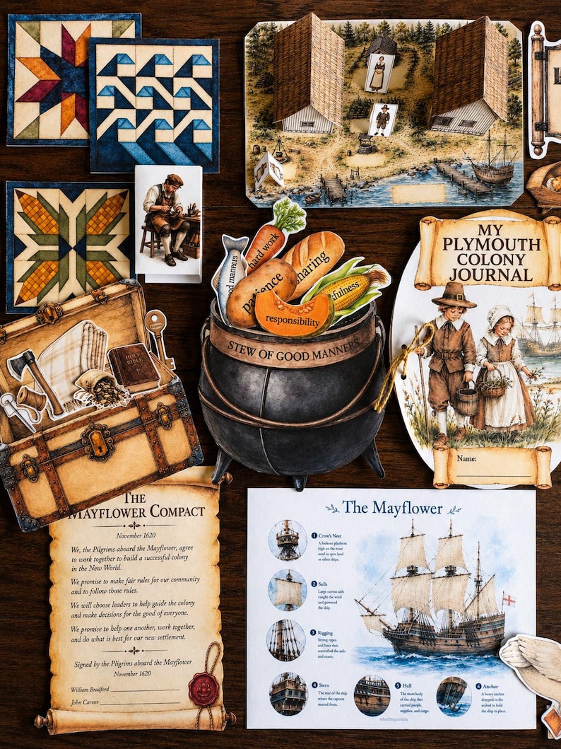 May include: A collection of educational paper cutouts featuring a black cauldron labeled Stew of Good Manners, a Mayflower ship diagram, a My Plymouth Colony Journal, a Mayflower Compact scroll, quilt patterns, and various historical illustrations.