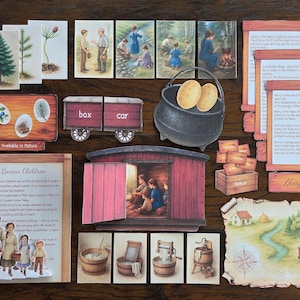 以下が含まれることがあります： 子供向けの物語のシーンや登場人物を描いたイラストカードと切り抜きのコレクション。画像には赤い貨車、ジャガイモが入った黒い鍋、地図が含まれています。テーマは歴史的または教育的な物語のようです。