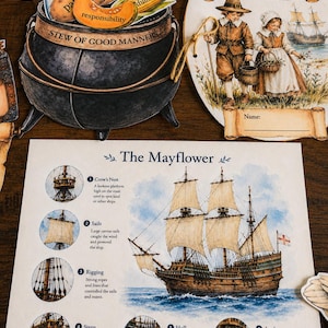 May include: An educational set featuring a black cauldron labeled Stew of Good Manners with food cutouts, a My Plymouth Colony Journal cover with historical figures, and a Mayflower ship diagram detailing the crow's nest, sails, rigging, stern, hull, and anchor.