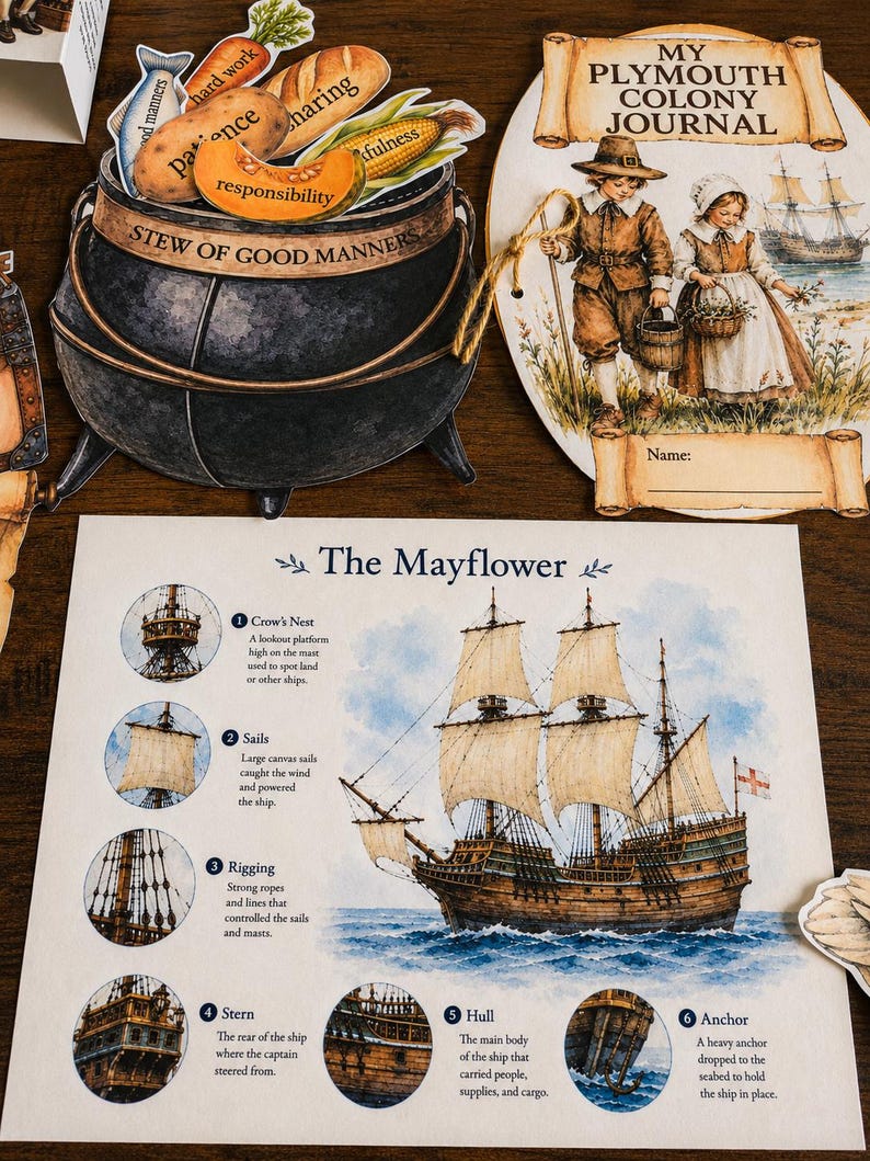 May include: An educational set featuring a black cauldron labeled Stew of Good Manners with food cutouts, a My Plymouth Colony Journal cover with historical figures, and a Mayflower ship diagram detailing the crow's nest, sails, rigging, stern, hull, and anchor.