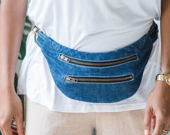 Denim Fanny Pack with Antique Bronze Zippers and Clasp