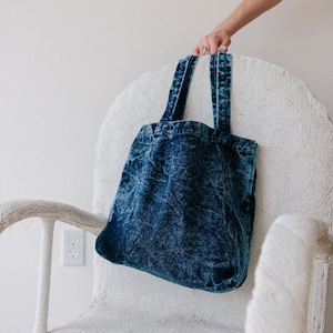 Stonewashed Denim Tote Bag - Organic Cotton Indigo Dyed Handle Bag - Jean Shopping Bag