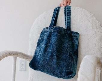 Stonewashed Denim Tote Bag - Organic Cotton Indigo Dyed Handle Bag - Jean Shopping Bag