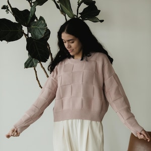 Organic Cotton Checkerboard Sweater: Breathable Knit - natural fiber thick cozy sweater