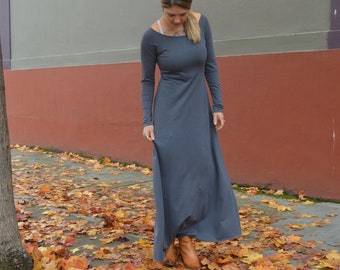Isabella Dress - Full sleeve organic cotton maxi dress - scoop neck maxi dress