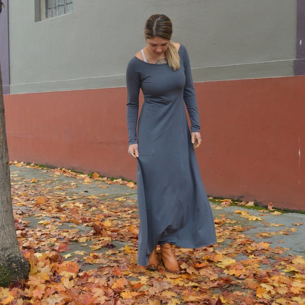 Isabella Dress - Full sleeve organic cotton maxi dress - scoop neck maxi dress