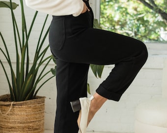 High Rise Corduroy Pants - 100% organic cotton knit corduroy high waisted pants with rolled cuff - pockets