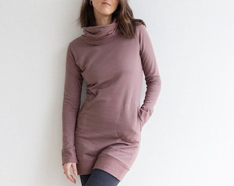 Maya Dress - turtleneck organic cotton fleece tunic dress with pockets - high neck cozy winter dress