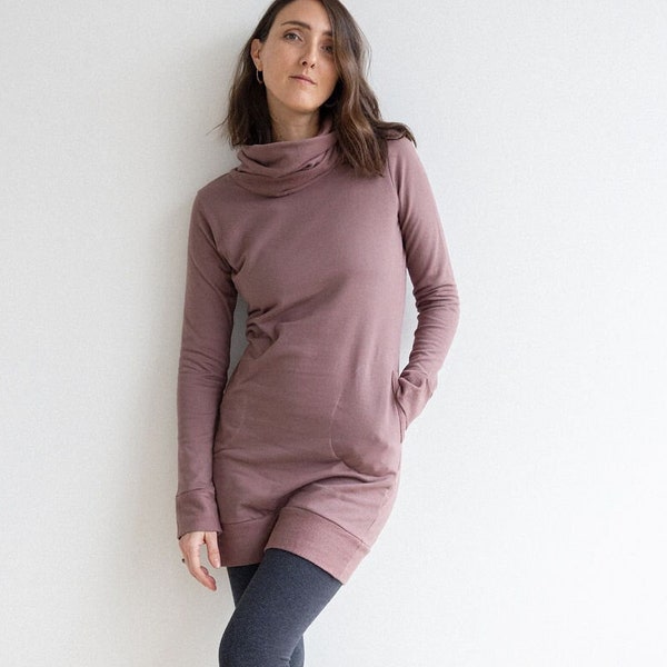 Maya Dress - turtleneck organic cotton fleece tunic dress with pockets - high neck cozy winter dress