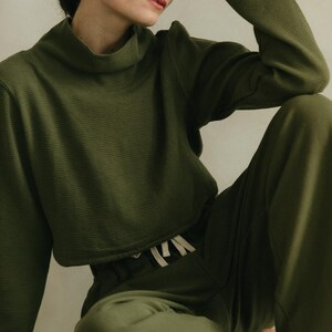 Acacia Top -Organic Cotton Knit Corduroy Top - High Neck crop sweater with texture Burnt Olive