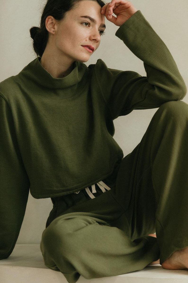 Acacia Top -Organic Cotton Knit Corduroy Top - High Neck crop sweater with texture Burnt Olive