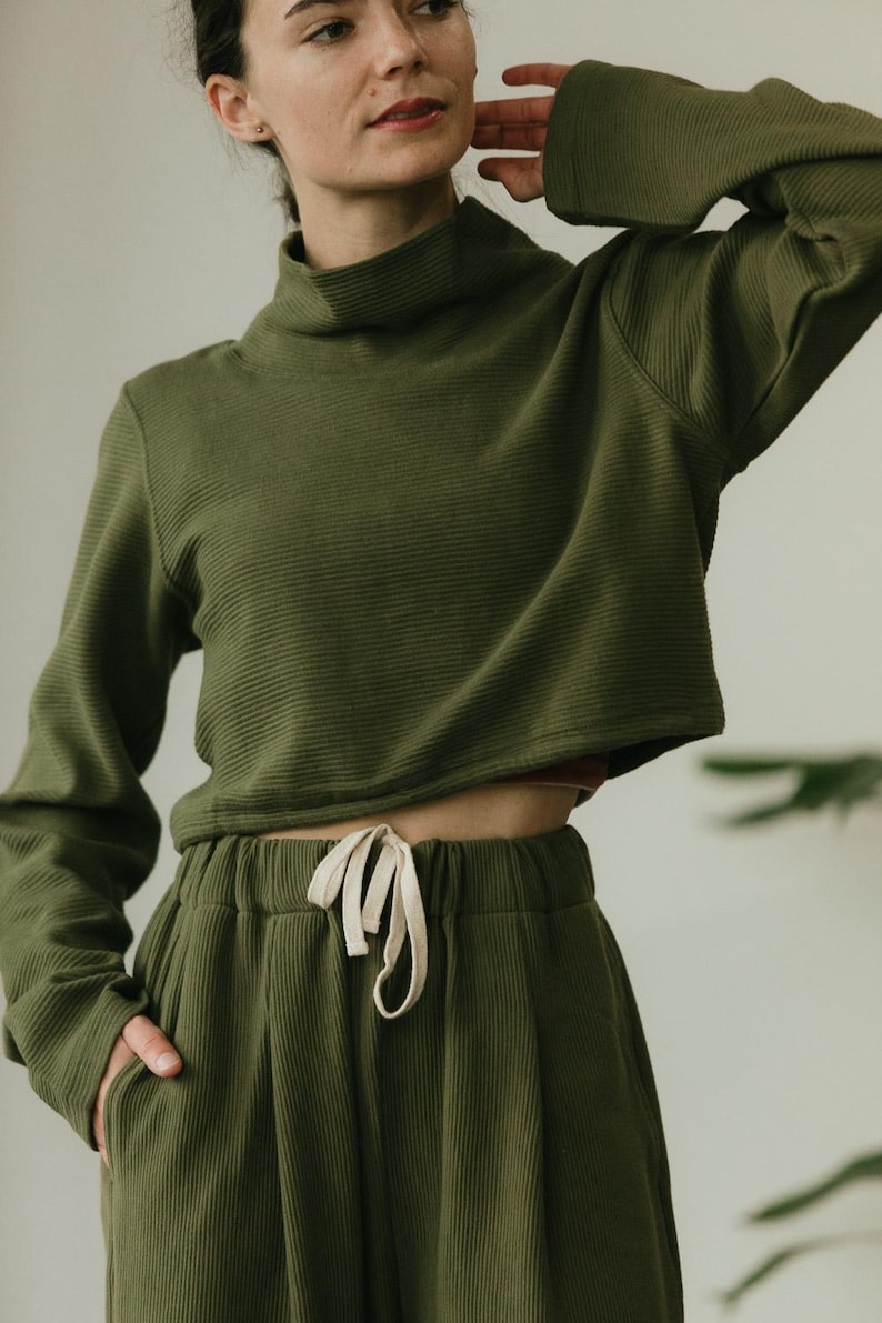 Acacia Top -Organic Cotton Knit Corduroy Top - High Neck crop sweater with texture image 15