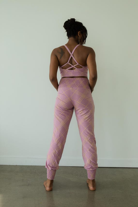 Pastel Plaid Linen Joggers: Organic Cotton Blend, Deep Pockets