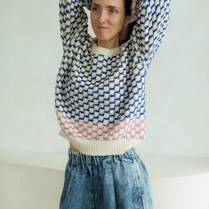 May include: A patterned sweater with a white base, blue and white geometric design, and a pink and white striped hem. The sweater is paired with acid wash denim jeans.