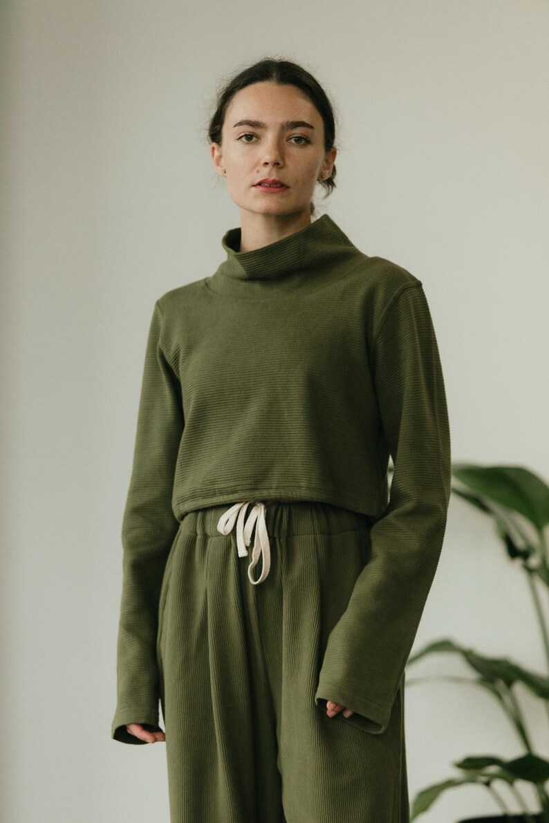 Acacia Top -Organic Cotton Knit Corduroy Top - High Neck crop sweater with texture image 12