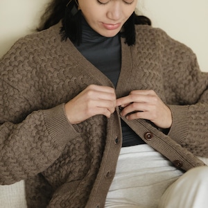 Basketweave Button Down Sweater - one hundred percent organic cotton thick cardigan - pockets Chai