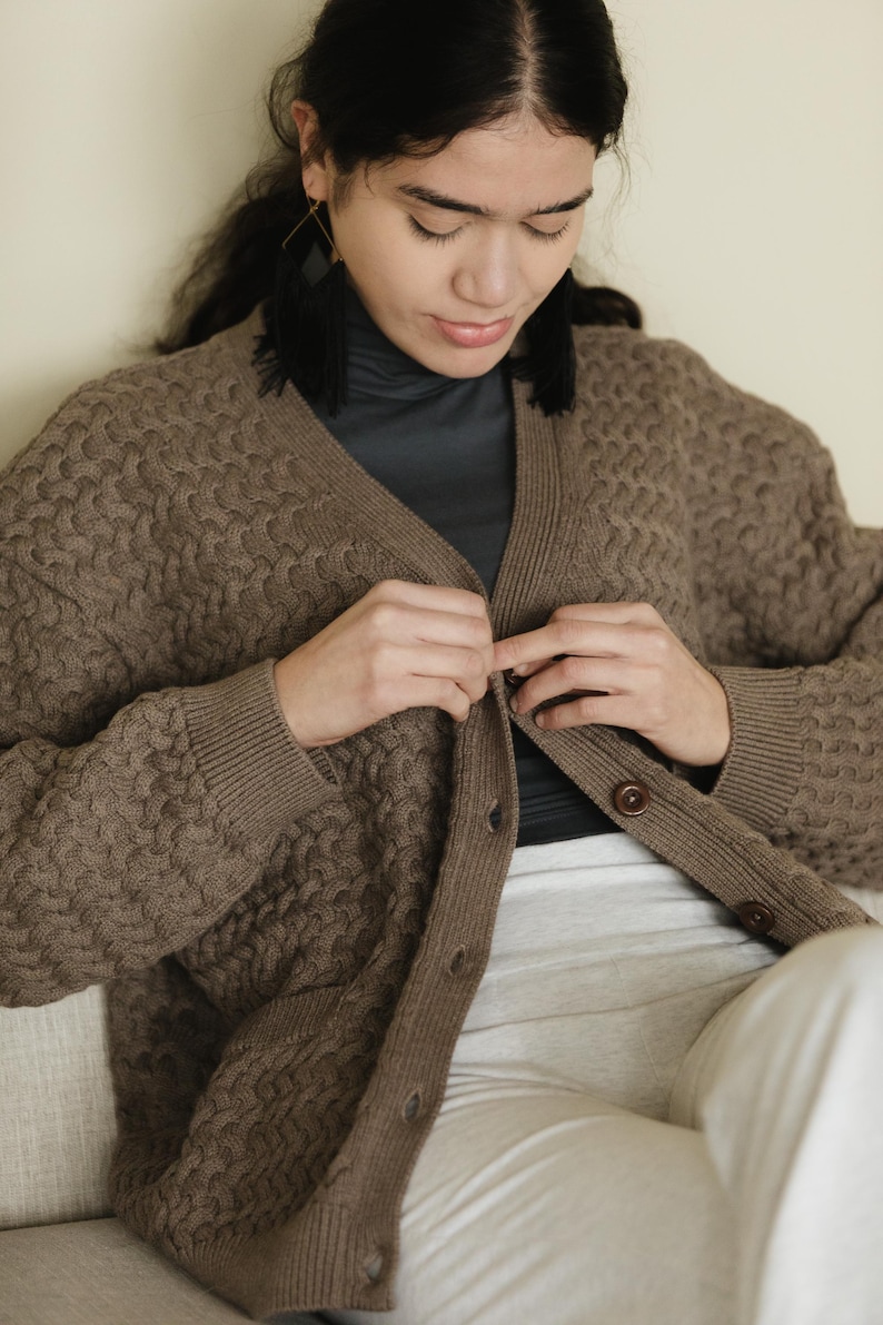 Basketweave Button Down Sweater - one hundred percent organic cotton thick cardigan - pockets Chai