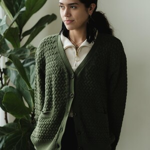 Basketweave Button Down Sweater - one hundred percent organic cotton thick cardigan - pockets Forest