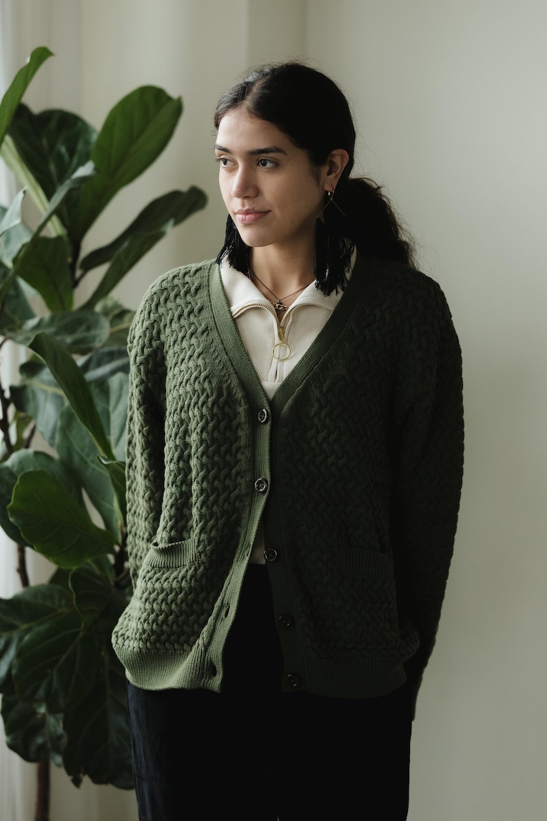Basketweave Button Down Sweater - one hundred percent organic cotton thick cardigan - pockets Forest