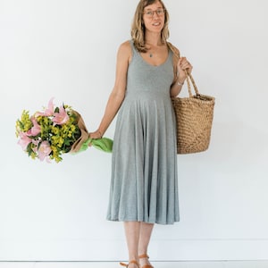 Heather Twirl Dress v neck sleeveless organic cotton flowy dress with pockets Heather Grey
